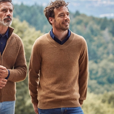 Pull laine chameau col V homme