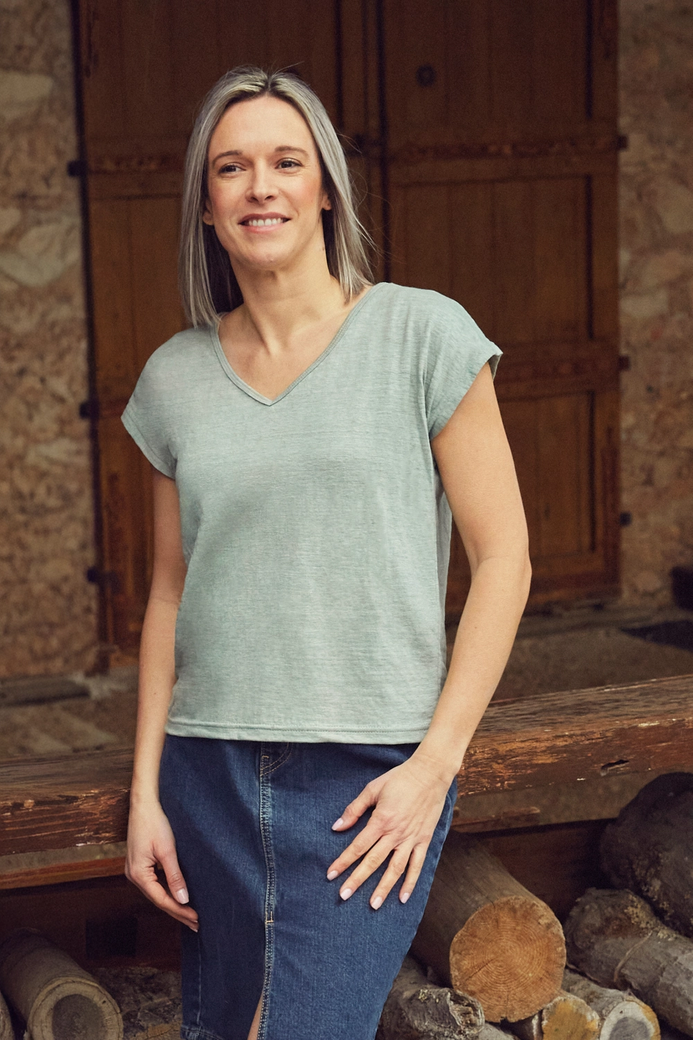 T-shirt col V en lin pour femme 