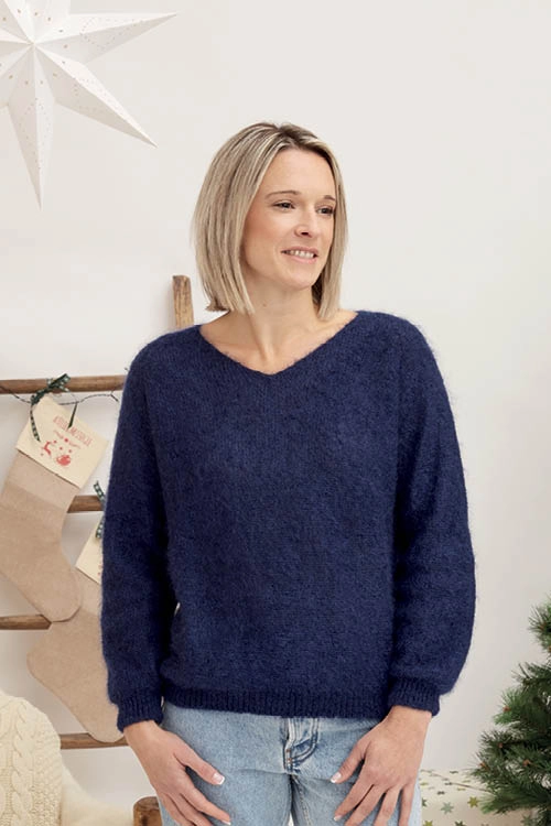 Pull en laine mohair col V pour femme 