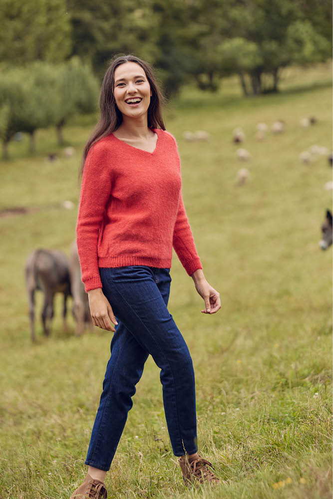 Pull en laine mohair col V pour femme 