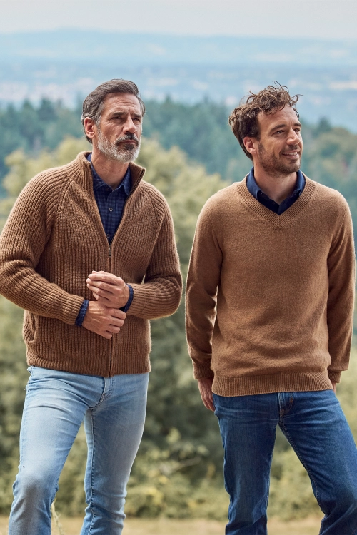 Pull laine chameau col V homme