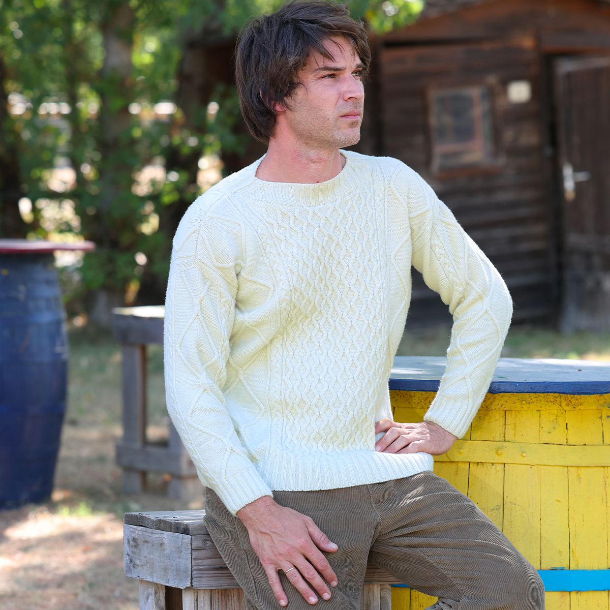 Pull en laine recyclée à torsades pour homme Dominique