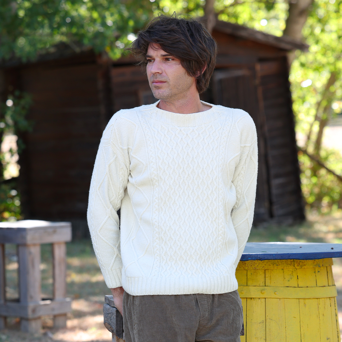 Pull en laine recyclée à torsades pour homme Dominique