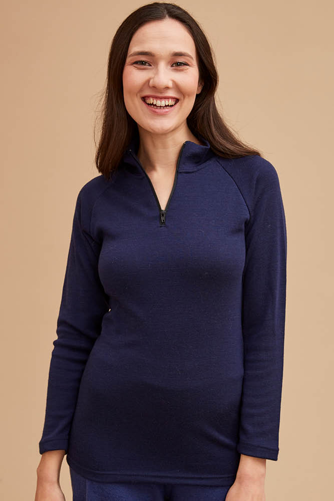 T-shirt laine mérinos col zippé pour femme