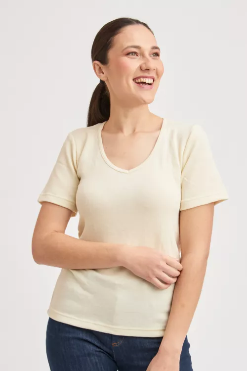 T-shirt laine mérinos col V pour femme