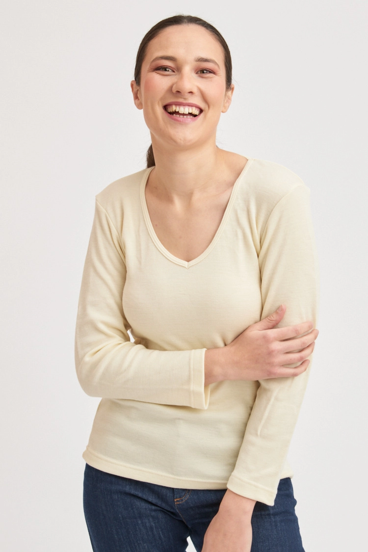 T-shirt laine mérinos manches longues col V pour femme